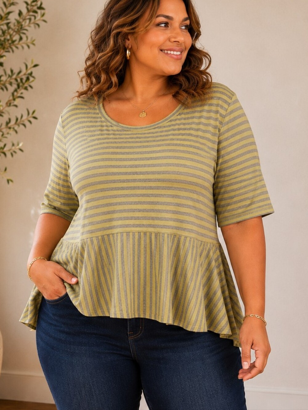 Peplum Top Sage Green Striped Relaxed Fit Midweight Cotton  Knit Pullover